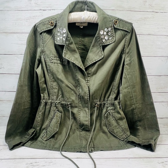 Y2K Dolled Up Jacket Juniors M Olive Green Utility Zip Up Distressed Draw String - Picture 3 of 15